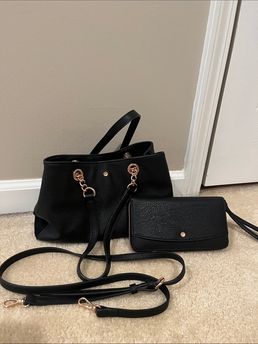 Black Leather Crossbody and Wallet Set - Classic Everyday Bag